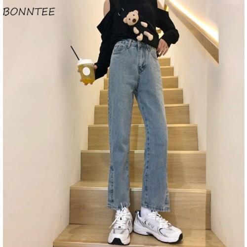 Jeans Women Side Slit All-match Denim Vintage Button Pockets High Waist Ulzzang Straight Loose Feminino Trousers Aesthetic Blue