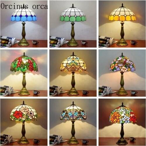 European retro colored glass table lamp bar bedroom bedside lamp Mediterranean pastoral color carving decorative table lamp