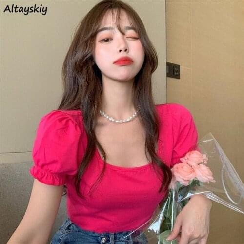T-shirts Women Sweet Lovely Girls Sexy Slim Crop Top Puff Sleeve Solid Trendy Maiden All-match Thin Edible Tree Fungus Korean