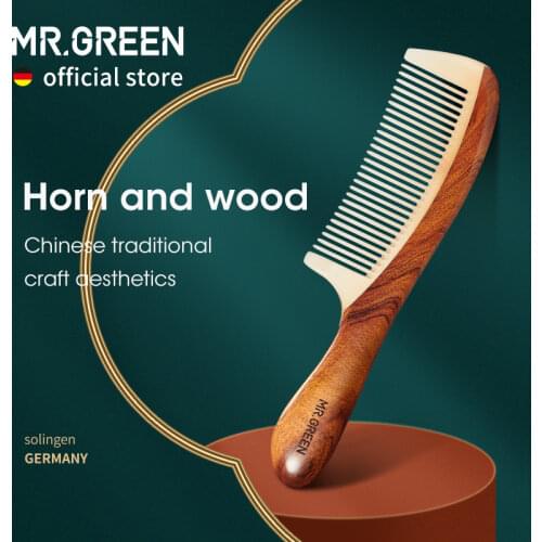 MR.GREEN Comb Natural Wood With Horn Splicing Structure Fine Tooth Hair Comb Anti-Static Head acupuncture point massage Gift