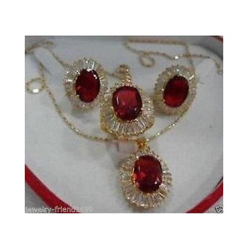 Fine Jewelry real new Fashion Cubic Zirconia Trendy %Red Crystal NecklacePendant Earring Ring Jewellery Sets + Free Chain