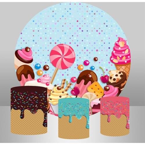 Candyland Round Backdrop Castle Rainbow Lollipop Ice Cream Donut Dessert Newborn Child Photo Backgrounds Baby Shower Photocall