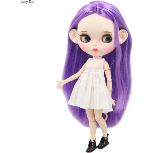 ICY Factory Blythee Doll 1/6 Bjd White Skin Joint Body Purple Hair, New Matte Face Carved Lips With Eyebrow 30cm BL548