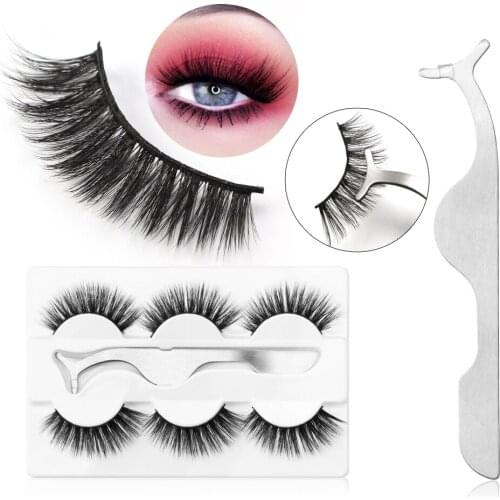 MAANGE 3 Pairs 3D Mink False Eyelashes with Tweezer Crisscross Natural Makeup Eyelash Fluffy Mink Magic Fake Lashes Beauty