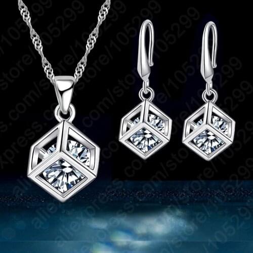 Happy Cube 925 Sterling Silver Fine Jewelry Sets Inside Cubic Zirconia Square Pendant Necklace Earring Wedding Set Gifts