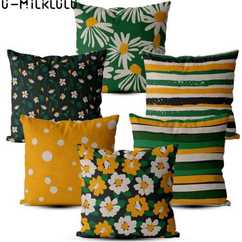 Green Throw Pillow Cases Tropical Plants Flowers Home Decoration 40*40 45*45 Striped Bohemian Decor Linen Sofa Cushion Cover
