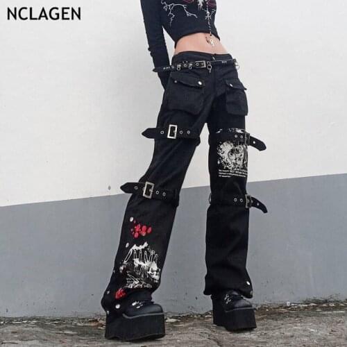 NCLAGEN Cool Lady Belt Buckles Disco Jeans Women Pockets Gothic Print Rivet Slit Hem Denim Pants Vintage Loose Hip Hop Trousers