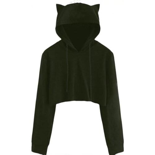 2020 New Cute Teen Girls Cute Cat Ear Breathable Trim Sweatshirt Crop Top Long Sleeve Pullover Hoodies