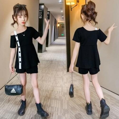 Summer New Style Foreign Fashionable Sling Bress Childrens short-sleeved two-piece Suit Trendy Baby Girl Clothes Summer Clothes