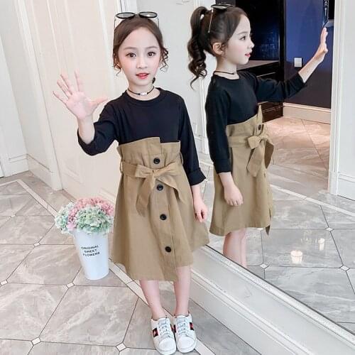Dress For Girls 2020 Girls Dress Patchwork Fake 2Pcs Korean Slim Kids Party Dress With Bow Belt Spring Kids Dresses For Girls