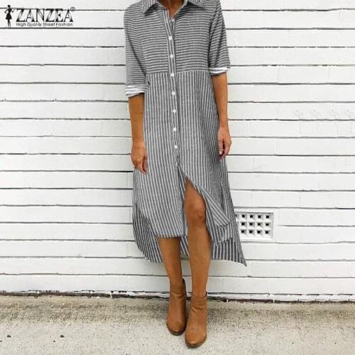 ZANZEA Women Midi Vestidos 2021 Ladies Turn Down Collar Shirt Dress Casual Striped Robe Femme Autumn Long Sleeve
