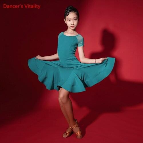 Latin Dance Female Child Summer Short-Sleeved Round Neck Dress Training Clothes Girl Elegant Performance Practice Clothing