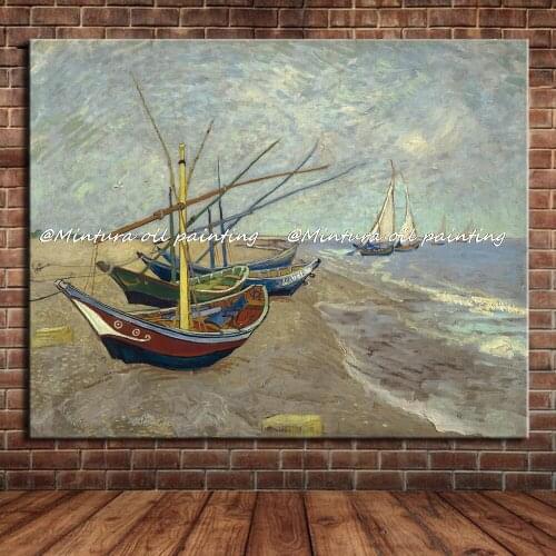 Fishing Boats On The Beach at Saintes-Maries Of Vincent Van Gogh Hand Made Reproduction Oil Painting On Canvas Wall Art pictures