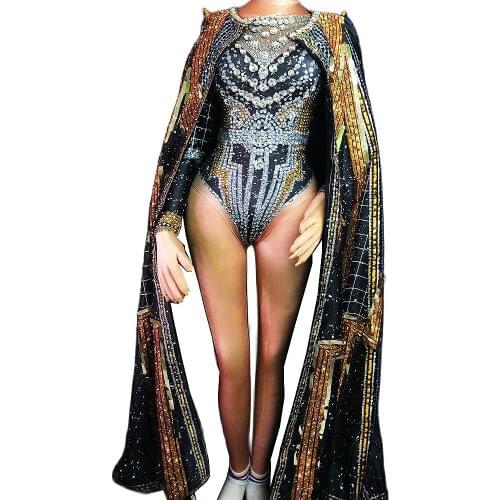 Shining Diamonds Women Long Sleeve Jumpsuits Cloak Stage Outfit Bar DS Dance Cosplay Bodysuit Nightclub Performance Costume