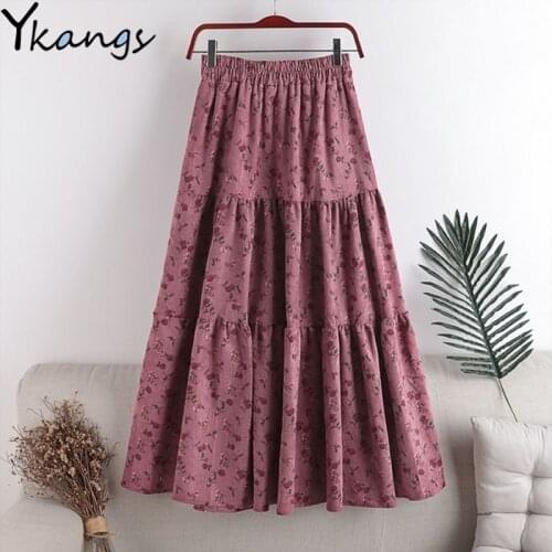 Vintage Plus Size Women Floral Corduroy Maxi Pleated Skirt Elastic HIgh Waist Winter Long Skirts Korean Female A Line Faldas