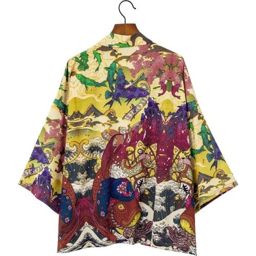 Japanese Cosplay Kimonos 2020 Streetwear Haori Male Yukata Geisha Beauty Printing Shirt Asian Clothes Kimono Cardigan Men