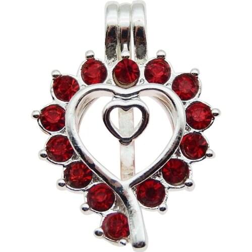 Bright Silver Heart Shape Pearl Cage Pendants Red Rhinestone DIY Locket Charm Aromatherapy Essential Oil Diffuser Women Jewelry