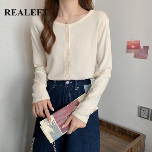 REALEFT 2021 New Womens Knitting Cardigans Round Neck Autumn Solid Color Single Breasted Casual Kint Wear Ladies Tops Female