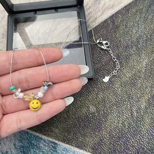 Girl Cute Colored Irregular Small Stones Beaded Smiley Face Pendant Necklace for Women Sweet Clavicle Chain Female Lovely Choker
