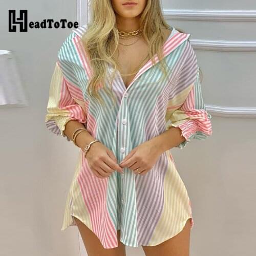 Color Striped Button Front Shirt Dress Women Long Sleeve Casual Work Dress