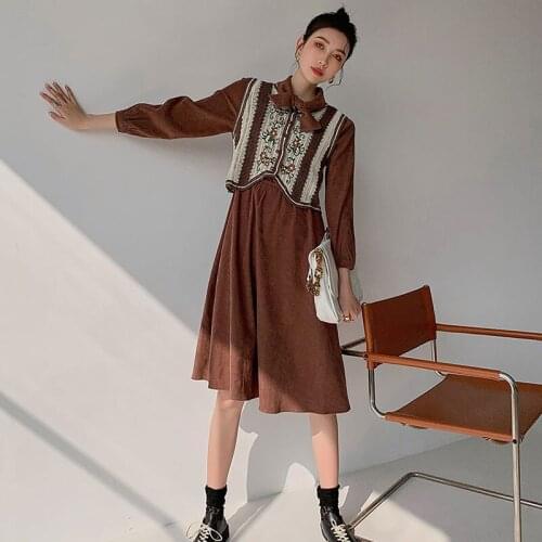 New Korean Style Midi Bow Collar Temperament Dress Womens Two-Piece Sets Knitted Vest Gothic Kawaii Dress