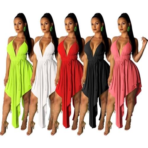 Sexy Backless V Neck Party Dress Women Ruffled Nightclub Dresses Spaghetti Strap Backless Clubwear 2021 Summer Boho Clothings