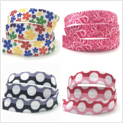10 Yard 15mm Flower Polka Dot Print Fold Over Elastic FOE Ribbon Hair band DIY Sewing Wedding Party Gift Accessories