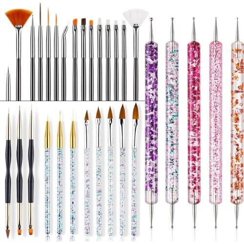 20Pcs Nail Art Brush Design Tips Painting Drawing Carving Dotting Pen Builder Flat Fan Liner Acrylic Gel UV Polish Tool Manicure