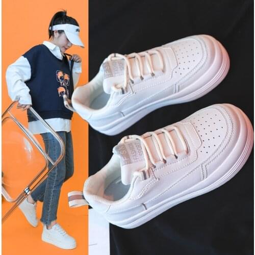 2021 Women Sneakers Flats Shoes Flat Platform Shoes Fashion Solid High Top Leather Leather Stitching Round Toe Casual PU