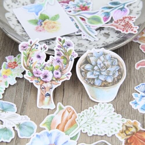 30pcs Watercolor Flower Deer Succulent Plant Decorative Scrapbooking DIY Stickers Floral Paper for Laptop Phone Case Notebook