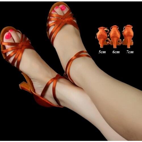Womens 5/7 belts knoted Latin dance shoes brown black 5/6/7cm heel soft rubber soles Ballroom square dancing shoes size 34-40