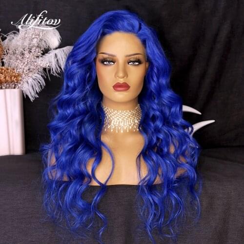 ALIFITOV Blue Human Hair Lace Front Wigs Body Wave Lace Front Wig Virgin Hair Hd Transparent Lace Wigs For Black Women