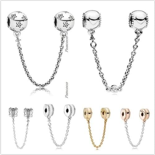 Authentic 925 Sterling Silver Rose Gold Insignia With Crystal Safety Chain Clip Bead Fit Pandora Bracelet & Necklace Jewelry