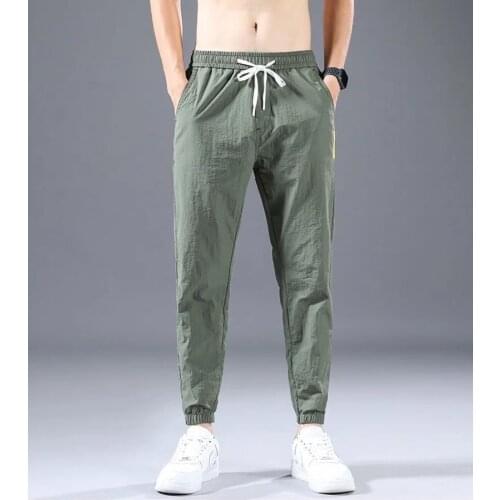 Simple Causal Pants Men Cotton Fiber Lightweight Drawstring Elastic Waist Pencil Pants for Men Draped Ankle-tied Trousers Male