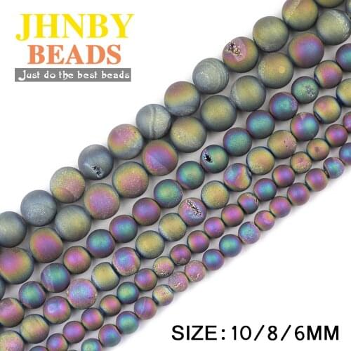JHNBY Matte Cracking Colorful electroplate carnelian beads 6/8/10MM Natural Stone Round Loose beads Jewelry bracelet making DIY