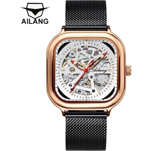 AILANG 2021 New Mens Watch Hollow Automatic Square Mens Watch Luminous Waterproof Stainless Steel Business Formal Mens Watch