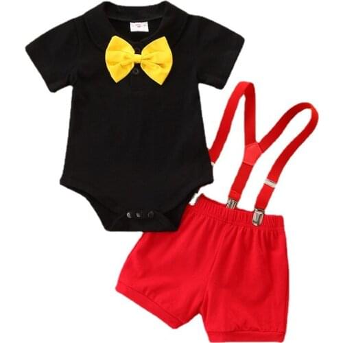 Newborn Baby Boys Gentleman Clothes Set Short Sleeve Bow Tie Decorations Solid Color Romper with Suspenders Shorts