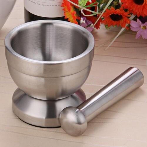 Double Stainless Steel Metal Mortar Salt And Pestle Pedestal Bowl Garlic Press Pot Herb Mills Pepper Spice Grinder Pot