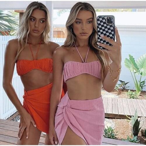 CHRONSTYLE Summer Women Sexy Two-piece Set Solid Color Halter Neck Tank Crop Tops Irregular Hem Skirt Streetwear Female Clothing