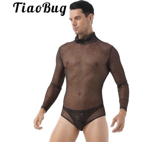 Mens Fashion Leotard Leopard Printed Turtle Neck Catsuit Long Sleeve See-through Mesh Bodycon Romper Pole dance Party Clubwear