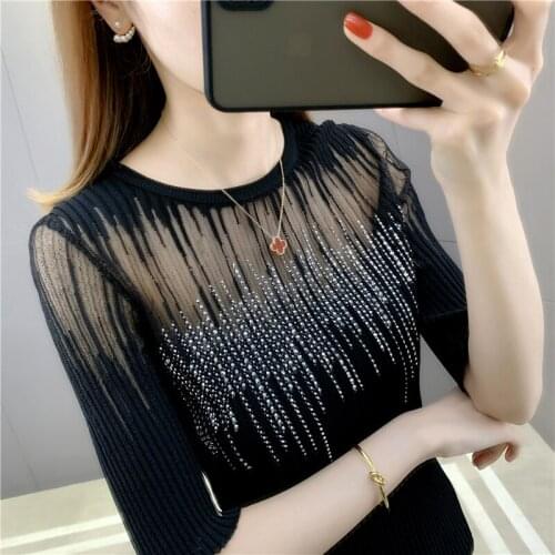 Room 198063 on the 4 row 7 】 make pure color lace drills very short sleeve knit 33