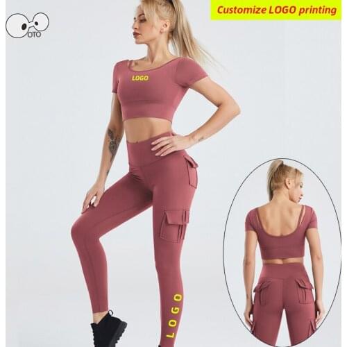 NEW Women 2 Pcs Quick Dry Stretch Running Set with Build In Bra Crop Top+Leggings Gym Fitness Yoga Sport Suit Sportswear Custom