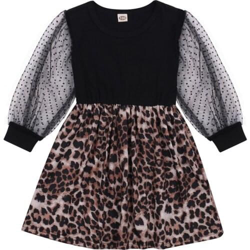Toddler Baby Girls Patchwork Princess Dress Long Lace Sleeve with Leopard Printed Dresses for Daily and Party Wear
