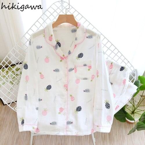 Hikigawa Pajamas Women Double-layer Gauze Large Size Breathable Sleepwear Spring Autumn Cute Long Sleeve Trousers Pajama Sets