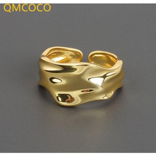 QMCOCO 925 Silver Simple ClassicIrregular Texture Wide Ring Vintage Design Open Adjustable For Women Man Party Jewelry Gifts