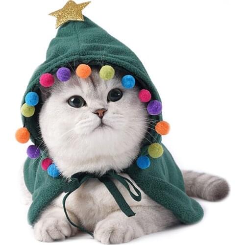 2020 Christmas Cat Cloak Colorful Star Fuzz Ball Decorated Cute Pets Clothes Hooded Coat for Festival Cosply Supplies