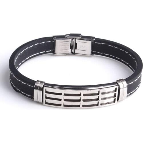 Silver color grid Silicone 316L Stainless Steel bracelets for men