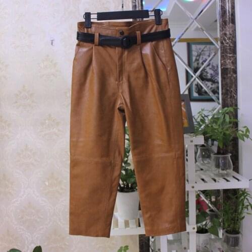 Chic Womens Leather Ninth pants Spring Autumn 2021 Fashion high quality genuine leather Belt harem pants A975