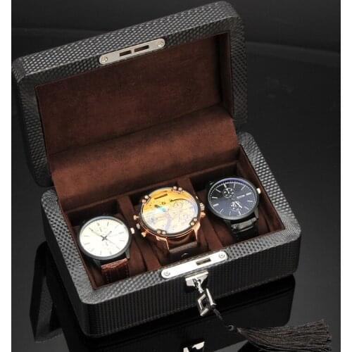Luxury Mini 3-Grids Watch Box High-tech Carbon-fibre Leather Watch Organizer Casket Small Watch Jewelry box case Gift Box