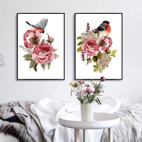 Modern Peony Flower Floral Birds Wall Art Prints Canvas Paintings Nordic POP Poster and Pictures for Living Room Home Decorative